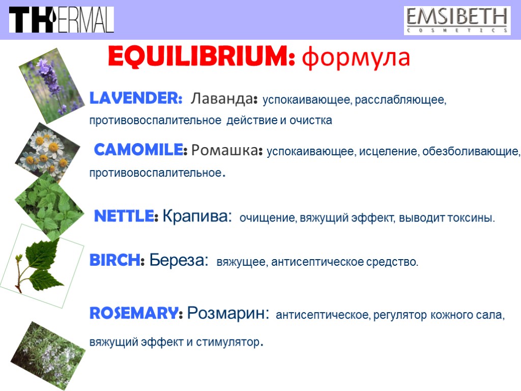 EQUILIBRIUM: формула LAVENDER: Лаванда: успокаивающее, расслабляющее, противовоспалительное действие и очистка CAMOMILE: Ромашка: успокаивающее, исцеление,